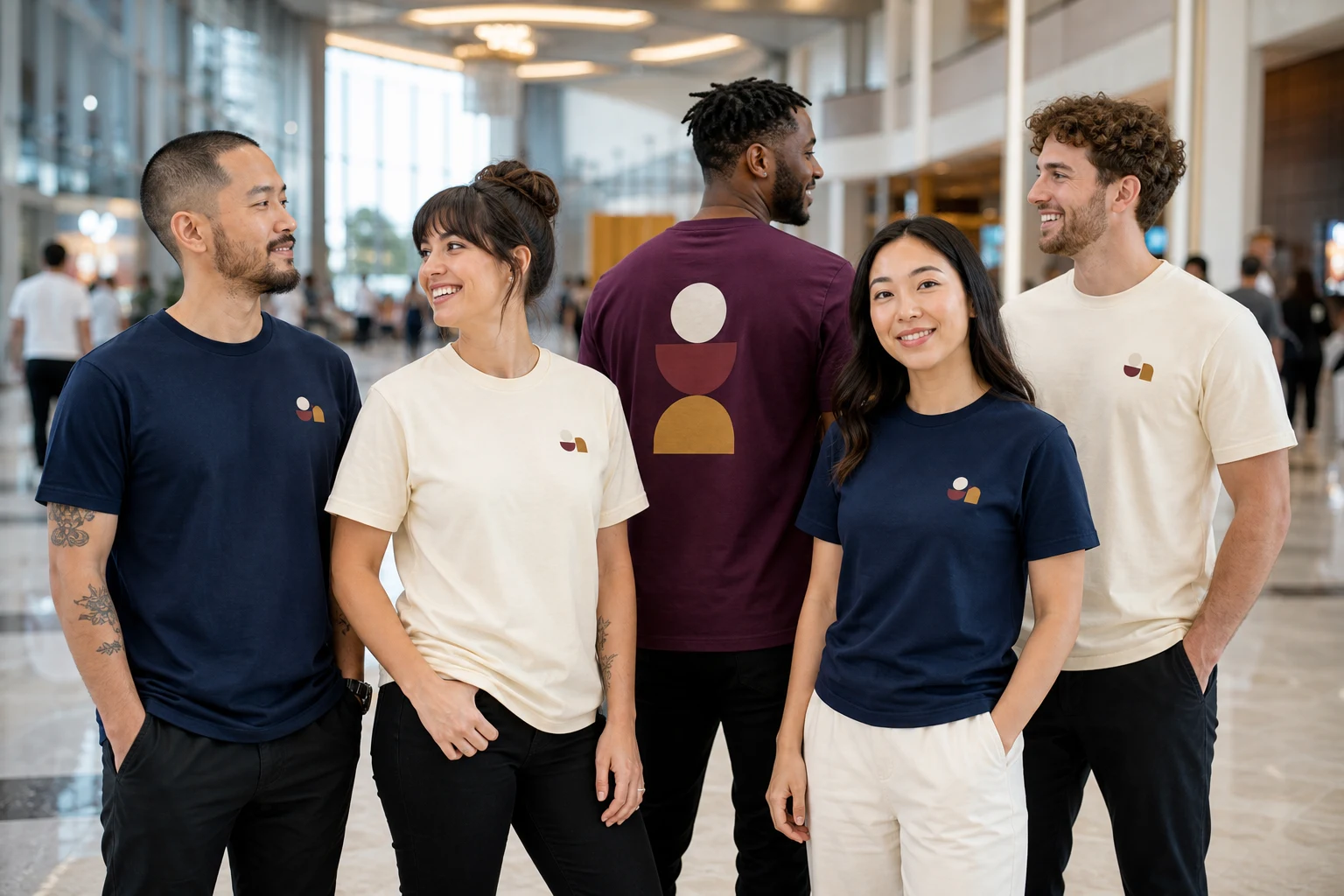 Illustrative corporate event team wearing coordinated custom printed shirts