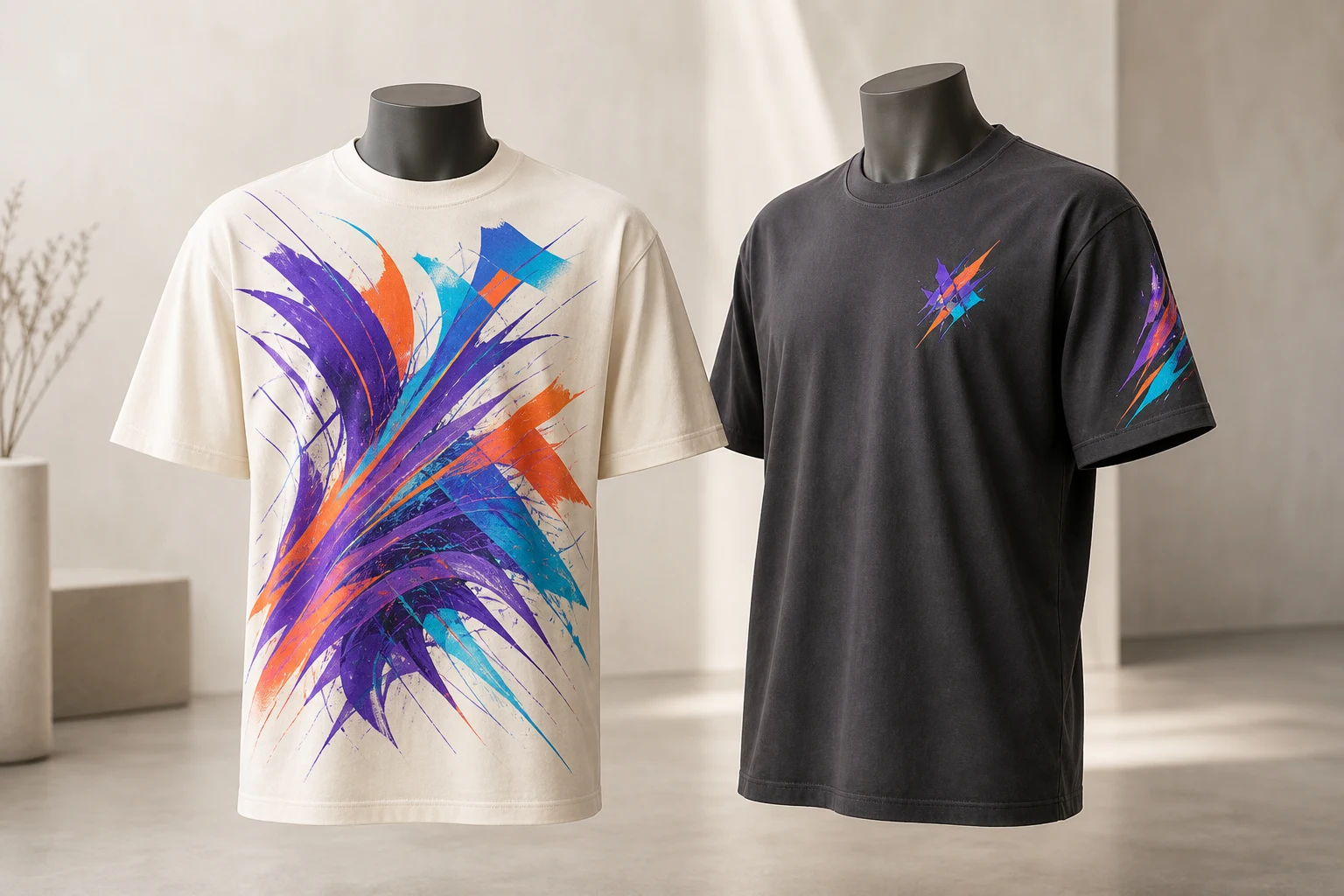Illustrative mockup of cream and charcoal shirts with full-front, left-chest, and sleeve artwork placements