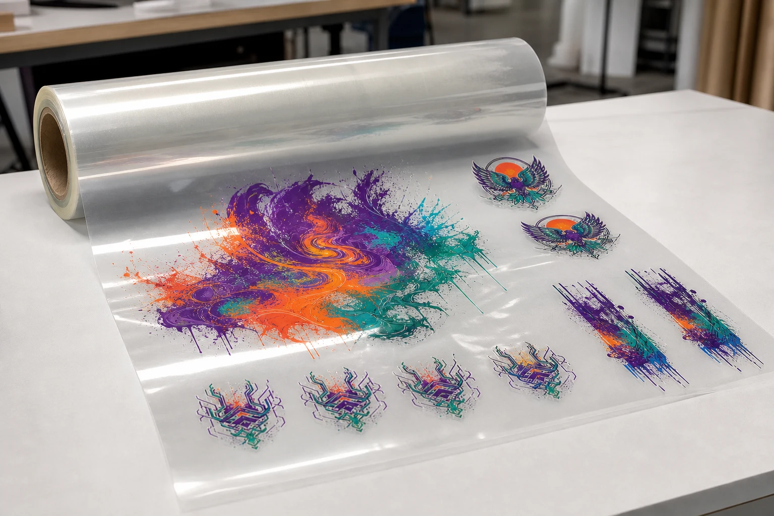 Illustrative product mockup of a clear DTF gang sheet roll with several colorful artwork sizes