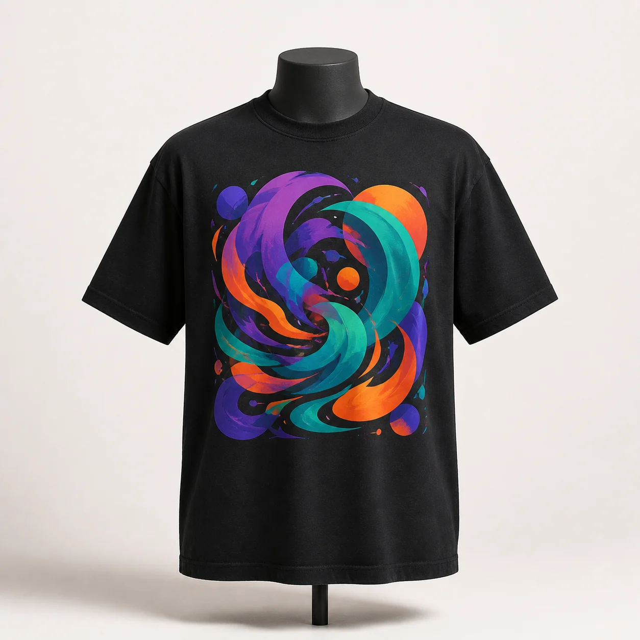 Illustrative mockup of a black T-shirt with a large colorful abstract DTF print centered on the front